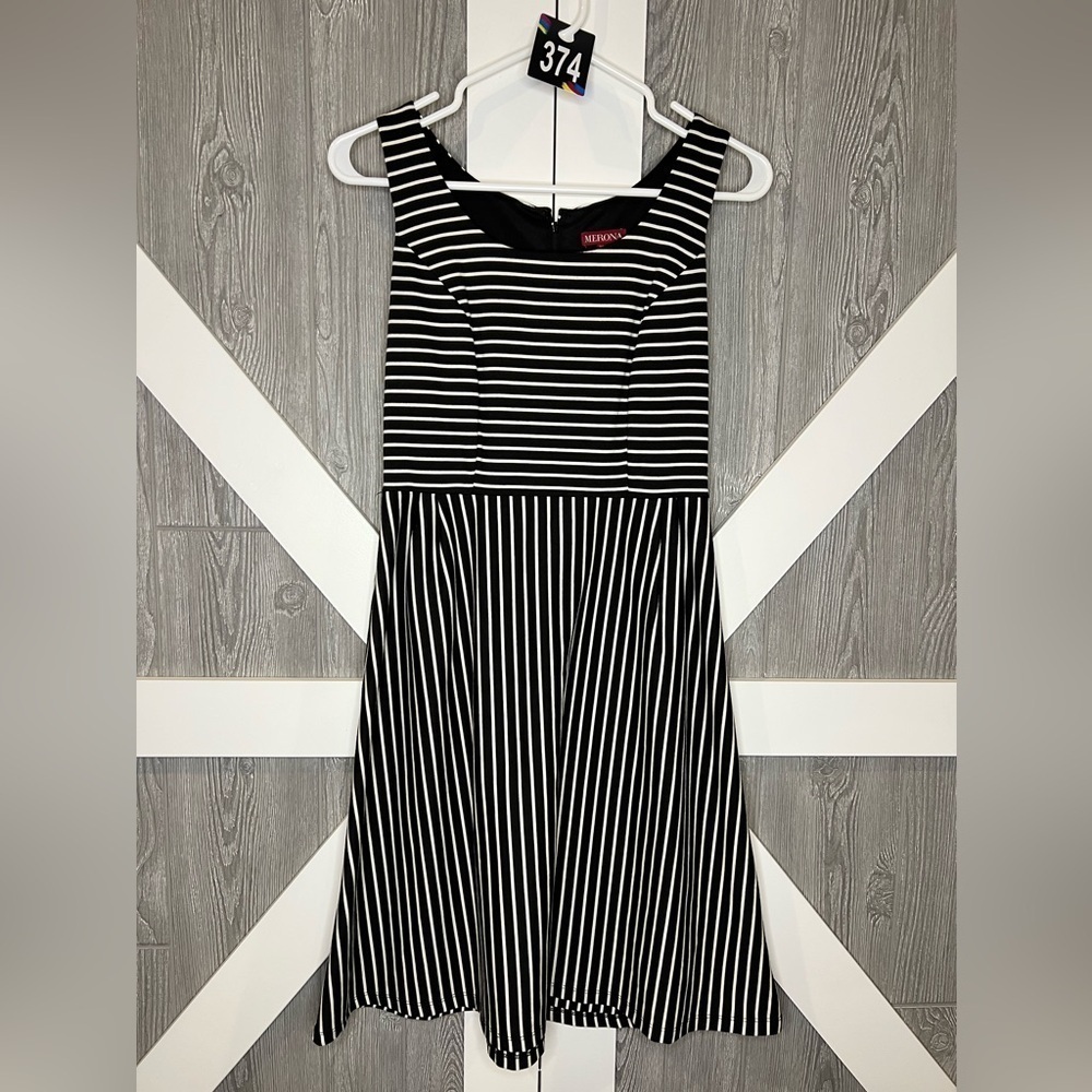 374. Vintage MERONA Stripe A-Line Dress Black & White XS